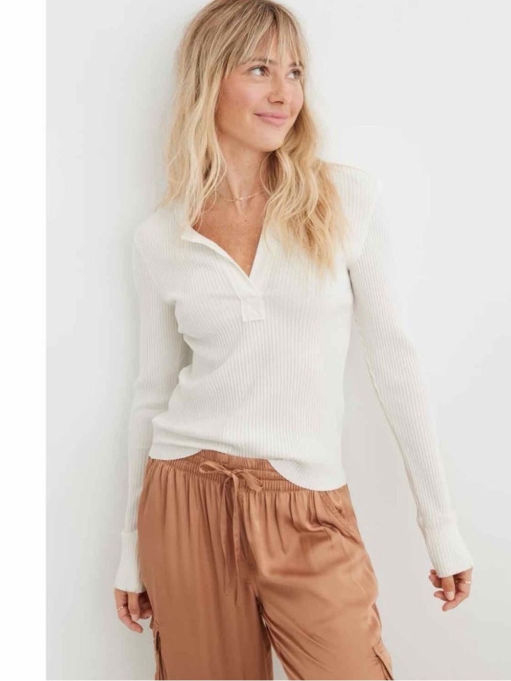 Aerie Fireside Long Sleeve Henley T-Shirt Small White Ribbed Top